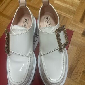 Roger Vivier Cream Loafers with Embellished Gold Buckle